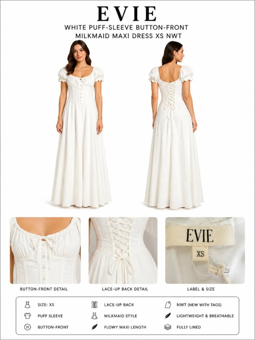 EVIE WHITE PUFF SLEEVE MILKMAID MAXI DRESS XS NWT